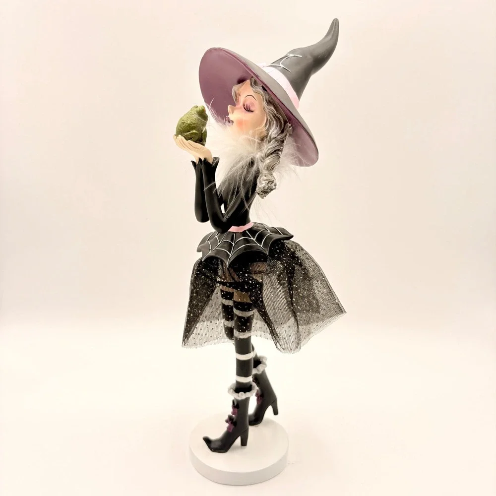 Halloween Witch Figurine with Frog Pink Black Decor